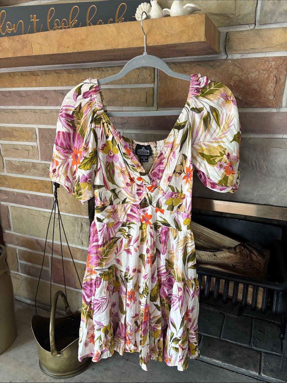 Angie White Floral Mini Dress with Pink & Olive Accents size S